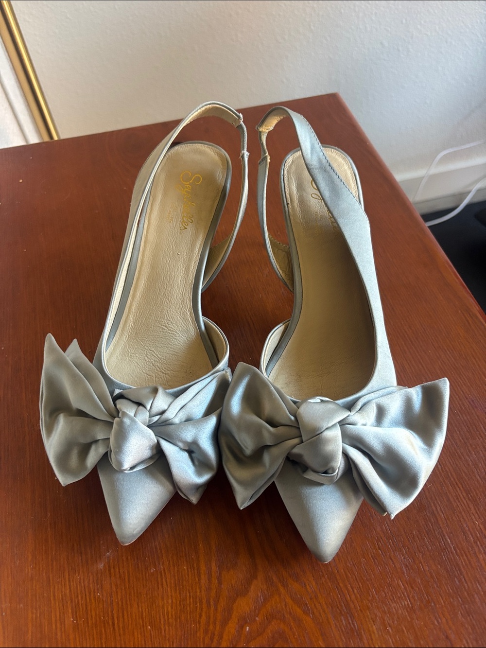 Baby Blue Seychelles Silver Satin Knotted Bow Slingback Pumps
